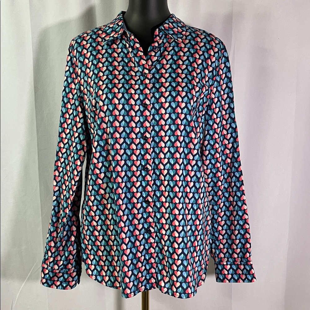Talbots Multicolor Heart Print Roll-Tab Sleeve Button Down Shirt